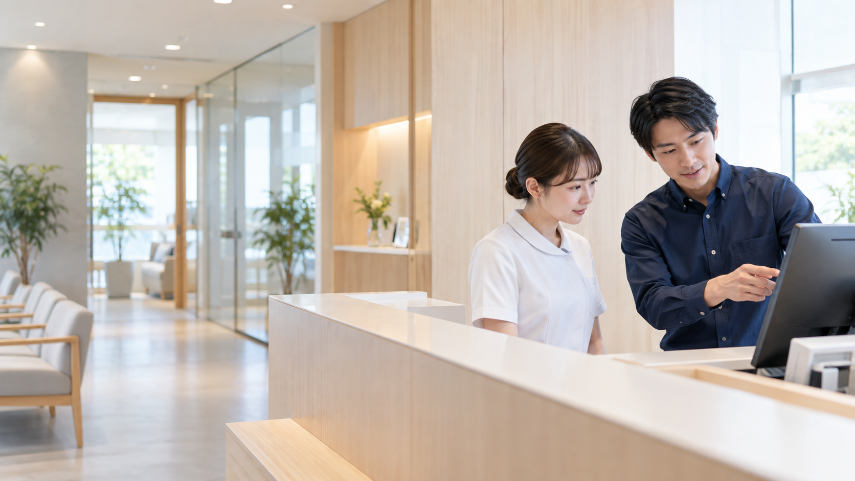 医療施設でスタッフに操作を案内するITサポートのイメージ